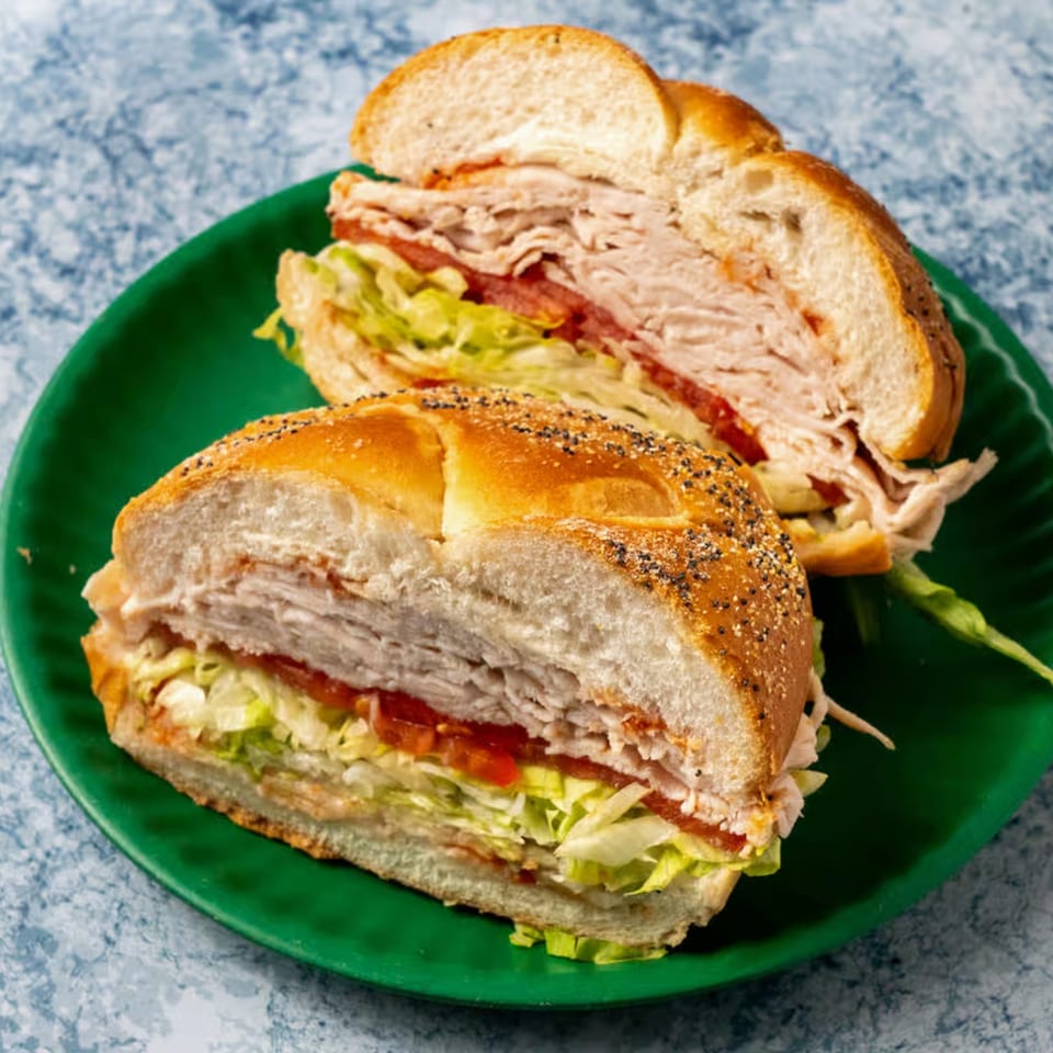Two halves of a deli turkey sandwich with lettuce and tomato on a green plate.