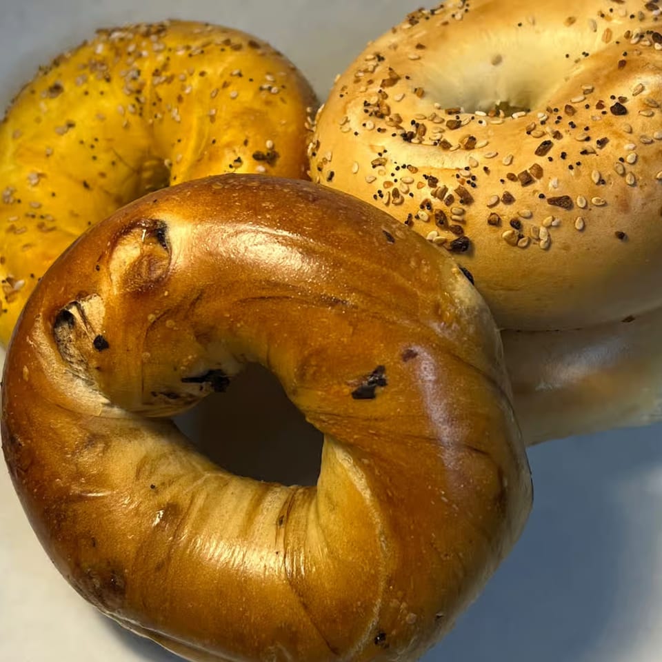 Three Mike's Gourmet Deli bagels: one cinnamon raisin, one everything, and one sesame.