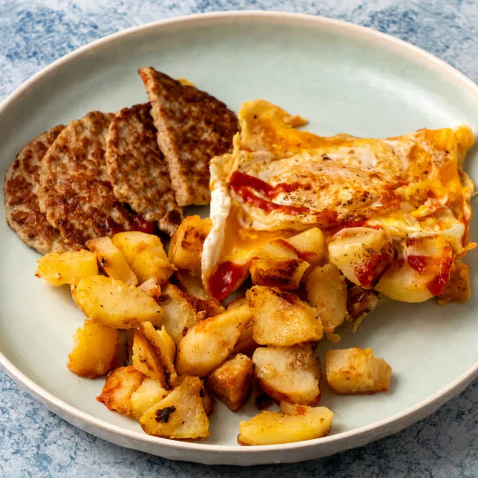 A breakfast plate with sausage patties, scrambled eggs with ketchup, and home fries.